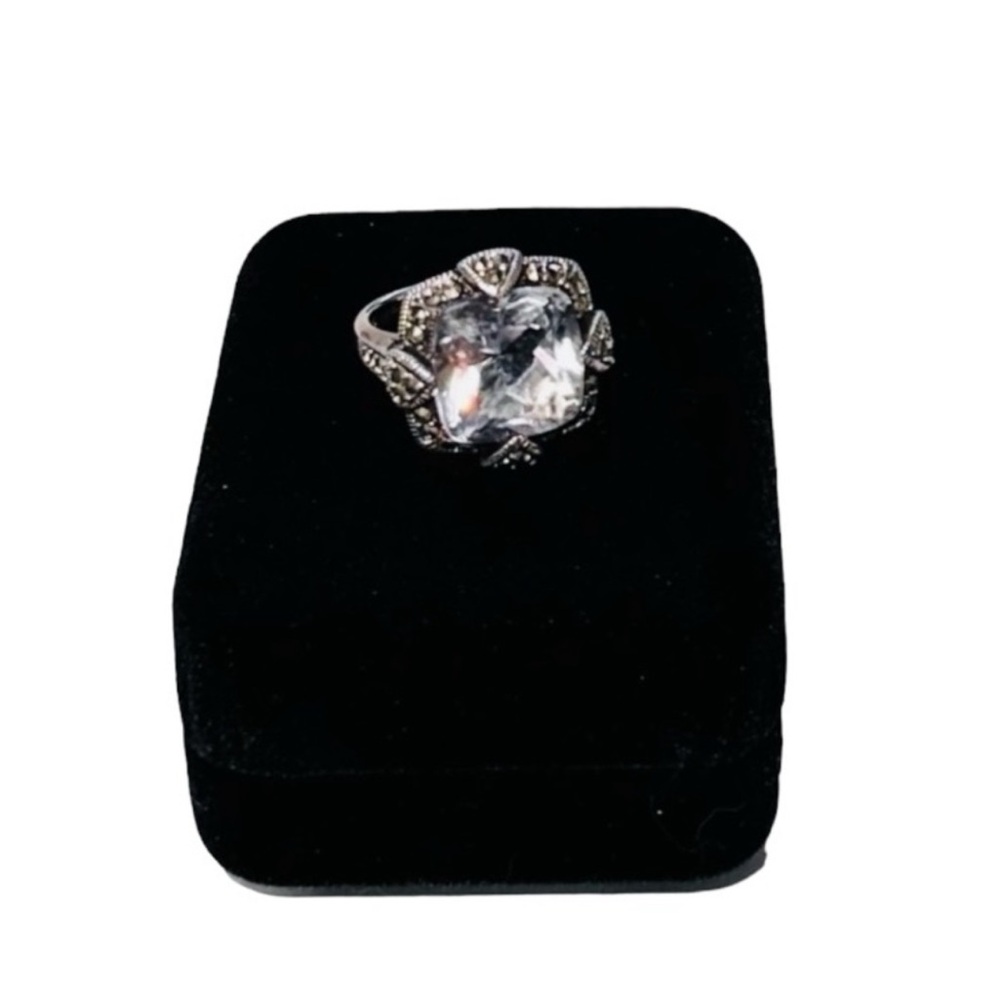 Suspicion .925 Sterling Silver White Cushion Quartz and Marcasite Ring Size 6 - Picture 2 of 8